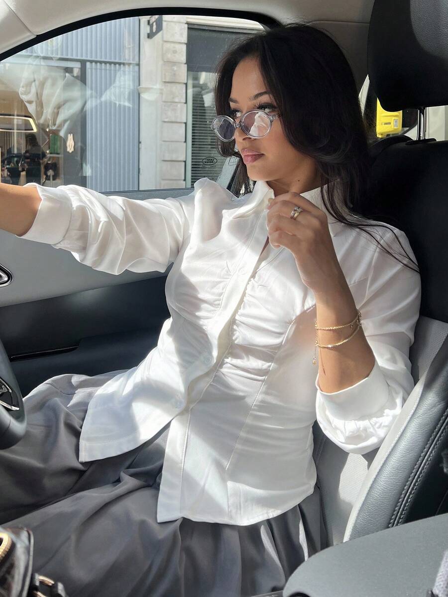 NegzBox White Pleated Front Long Sleeve Fitted Ladies Blouse,Business Casual Women,90s Outfit,Fall Clothing,Halloween Clothes,Business Casual Women,Back To School,Women Blouses,Going Out Tops,Long Sleeve Shirt,Work Women Blouses - White - View 1