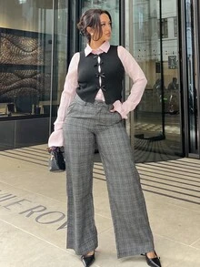 NegzBox 1pc Women's Casual, Daily, Outdoor, Commute Plaid Low Waist Loose Pants, Relaxed, Minimalist, Retro Style Fall Cloth For Women - Dark Grey - View 1