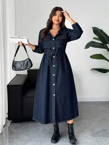 Dazy Plus Plus Size Dark Washed Blue Long Sleeve Cinched Waist Slim Fit Long Denim Dress, Autumn