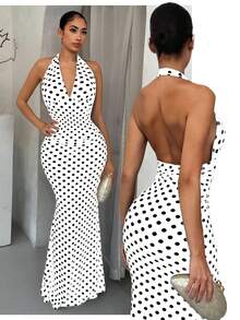 SHEIN SXY 黑白波点优雅挂脖鱼尾下摆连衣裙 - 白色 - 查看 4