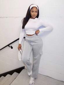 Alexandranx 灰色抽绳腰带斜口袋侧翻盖口袋直腿长款休闲运动裤，时尚简约设计，适合女士，秋冬 - 灰色 - 查看 3