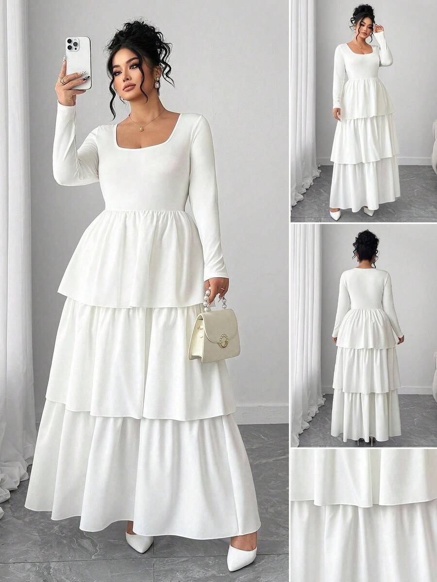 Elenzga Plus Size Women's Minimalist Solid Color Square Neck Long Sleeve Knit Patchwork Cake Hem Unique Dress - White - View 1