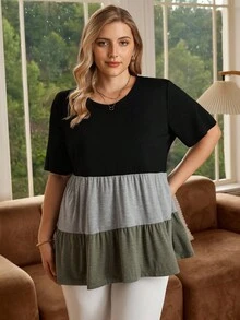 EMERY ROSE Áo dài tay ngắn cổ tròn phối màu cỡ lớn cho nữ, thường ngày vào mùa xuân và mùa hè, Ngày của Mẹ - Nhiều màu - Xem 4