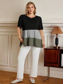 EMERY ROSE Áo dài tay ngắn cổ tròn phối màu cỡ lớn cho nữ, thường ngày vào mùa xuân và mùa hè, Ngày của Mẹ - Nhiều màu - Xem 6