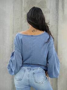SAYEHFBABY 1pc Women Solid Color V-Neck Knit Long Sleeve Loose Pullover Sweatshirt,Long Sleeve Tops - Blue - View 2