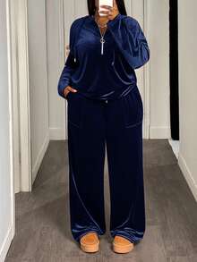 Slaydiva Bộ đồ thể thao thường ngày, thoải mái, màu nâu trơn, dáng rộng, vai rớt, gồm áo hoodie và quần dài ống rộng có túi, chất liệu nhung, dành cho nữ cỡ lớn, gồm 2 món. - Màu xanh lam - Xem 5