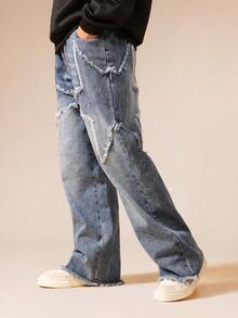 SUMWON Distressed Wide Leg Denim Jeans Vintage Style Frayed Hem Raw Edge Detail Baggy Fit Everyday Casual Winter Fashion Bottoms Streetwear - Blue - View 4