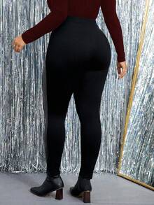 Cravure Plus Size Women Casual Fashion Street Chic High Waist Mixed Media Zipper Decor Skinny Pants - Black - View 2