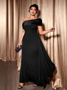 Allurite 大码女式优雅纯色紧身褶皱荷叶边不对称下摆连衣裙，适合约会、派对和正式场合 - 黑色 - 查看 7