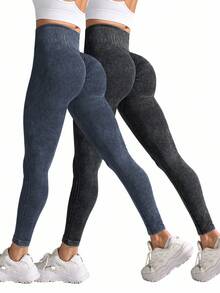 Slayform 2件套高腰纯色紧身瑜伽裤 - 彩色 - 查看 6