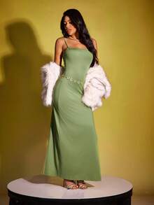 SHEIN Essnce Women Solid Color Ruffle Side Slit Hem Maxi Slip Dress - Dark Green - View 1