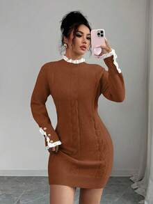 Elenzga Herbst/Winter Langarm Twist Seil Rundhals Spitzenbesatz Apricot Kleid - Braun - Übersicht 3