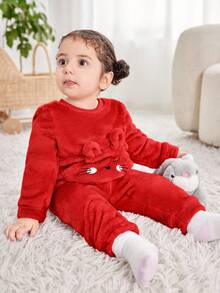 Completo da bambina con top a maniche lunghe con motivo carino e morbido e pantaloni a vita elastica, outfit rosso autunnale/invernale, abbigliamento invernale per bambine, set da 2 pezzi, abbigliamento invernale in pile - Rosso - Visualizzare 4