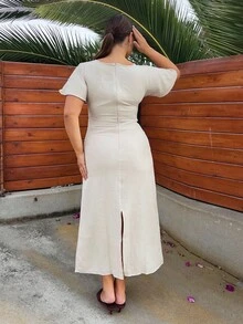 Nezia Cruz Robe d'été décontractée en lin mélangé pour femme, couleur unie jaune beurre, robe élégante et chic, robe de soirée avec nœud, robe de soirée élégante pour femme, robe de soirée pour femme, robe longue pour femme, robe de soirée longue pour femme, robe d'été pour femme, robe de graduation - Nude - Voir 2