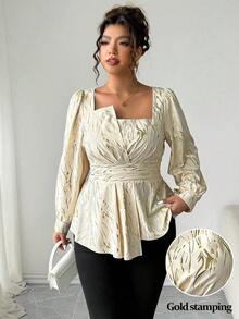 Elenzga Plus Size Elegant Beige Autumn Foil Print Lantern Sleeve Shirt, Asymmetrical Cinched Waist Crew Neck Top For Christmas, Wedding Guest, Party, Women - Apricot - View 7