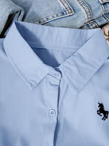 Sparklyn 青少年女孩刺绣纽扣前休闲长袖衬衫 - 藍色 - 查看 5