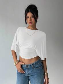 Aloruh 女士休闲优雅褶皱腰蝙蝠袖 T 恤，适合日常穿着，95% 纯棉 - 白色 - 查看 6