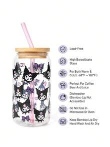 HELLO KITTY AND FRIENDS | SHEIN 1 个高硼硅玻璃杯，图案可爱，配有吸管清洁刷，耐热，适用于牛奶、果汁、咖啡等。