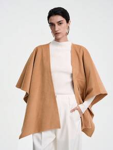 Aalyst 25+ Vintage Women Elegant Solid Color Asymmetric Shawl Collar Cape Coat Woolen Jacket Criss-Cross Perforated Poncho, Suitable For Work Commute, Fashion Autumn/Winter