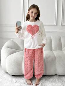 SHEIN 2 件套女童可爱心形刺绣图案柔软舒适羊毛圆领长袖上衣和裤子睡衣套装，秋冬 - 淺粉色 - 查看 4