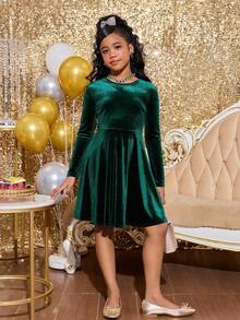 SHEIN 青少年女孩优雅水钻天鹅绒圆领荷叶边下摆露背蝴蝶结长袖连衣裙，翠绿色，适合圣诞节、派对、聚会、郊游 - 墨綠色 - 查看 4