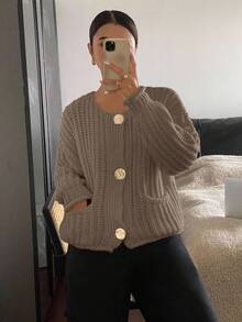 Siren Gaze 女士休闲纯色开衫，秋冬 - 杏色 - 查看 5