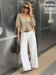 Siren Gaze Bluză la modă pentru femei, culoare solidă, cu guler inimă, mâneci bufante, 2025. Ideală pentru zilele la plajă, naveta, zilele de naștere și întâlniri. Potrivită atât pentru vară, cât și pentru începutul toamnei.