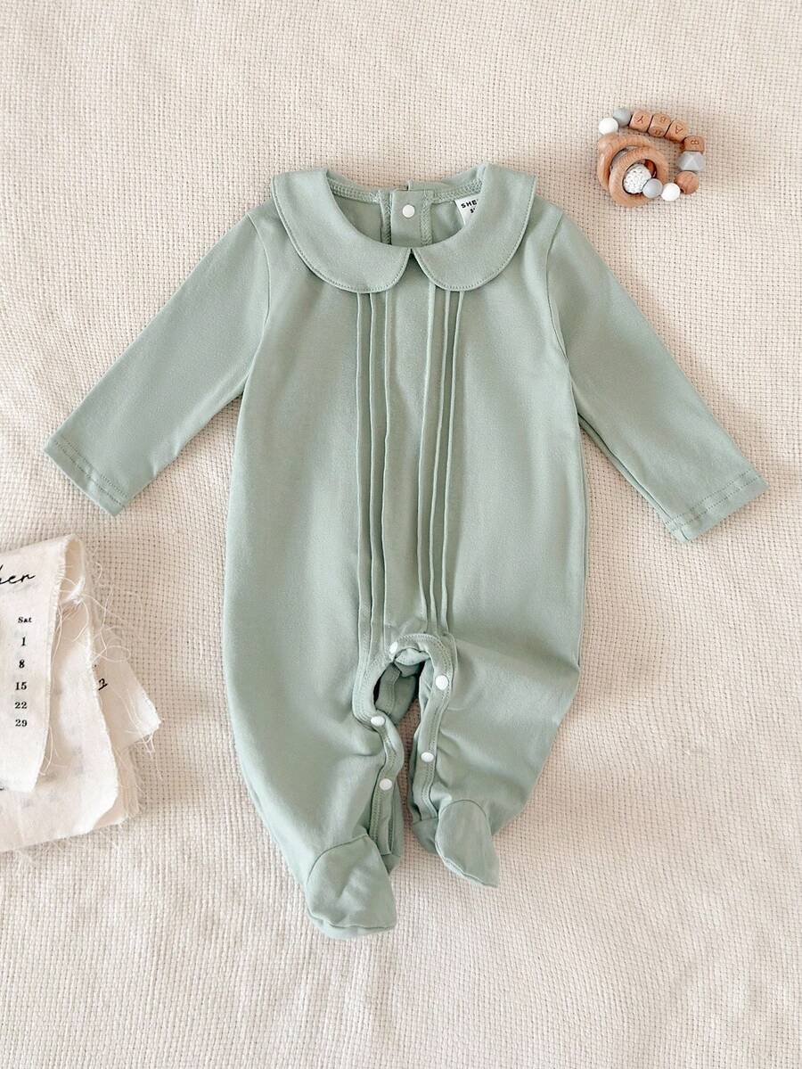 SHEIN 新生儿纯白色简约优雅长袖全长连体裤家居服 - 綠色 - 查看 1