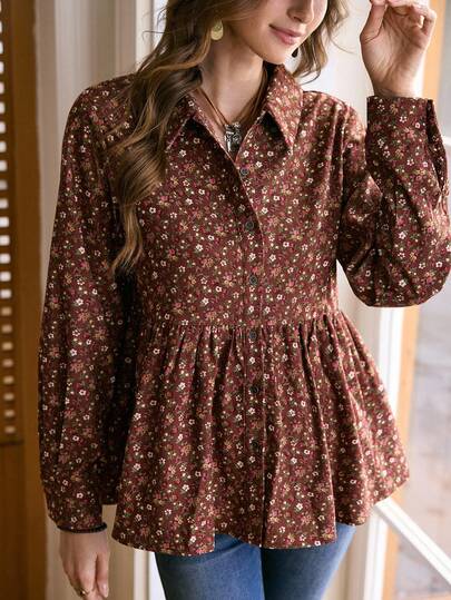  LanaWest 女式西式休闲度假灯芯绒印花金属纽扣衬衫