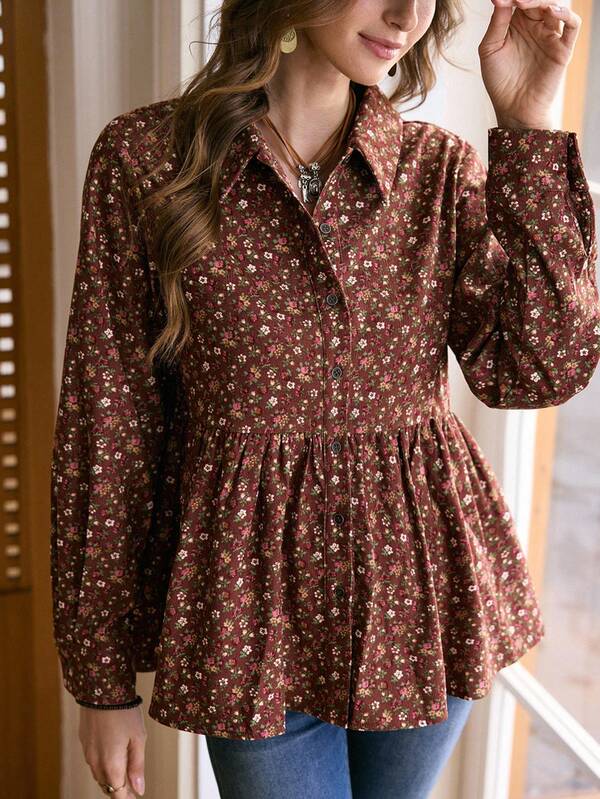 LanaWest LanaWest Women's Western Style Casual Vacation Corduroy Printed Metal Button Shirt