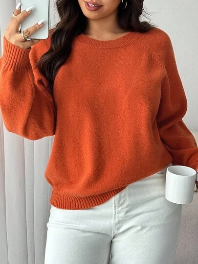 Dazy Plus Plus Size Women Solid Color Crew Neck Loose Casual Pullover Sweater, Autumn/Winter