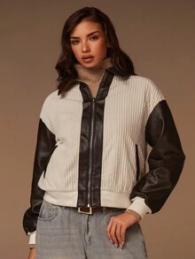 Athîral Women's Color-Blocked, Drop-Shoulder, Long-Sleeved Zip-Up Casual Jacket, PU Paneling, Suitable For Everyday Wear, Women's Autumn Clothing, Women's Autumn Outfits, Women's Autumn Clothing, Casual And Comfortable, Long-Sleeved, Stylish And Unique Item, Perfect For Autumn Outings, Autumn/Winter Style. - Camel - View 5