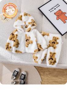 SHEIN 2 pièces Ensemble bébé nouveau-né garçon/fille mignon motif de dessin animé veste à capuche douce et pantalon à taille élastique, chaud pour les sorties et la maison en automne/hiver - Multicolore - Voir 1