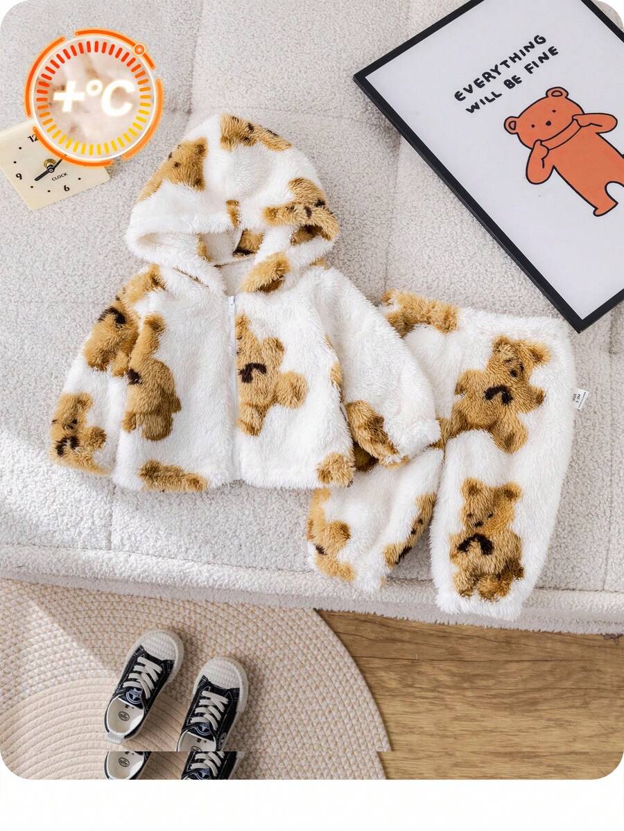 SHEIN 2 pièces Ensemble bébé nouveau-né garçon/fille mignon motif de dessin animé veste à capuche douce et pantalon à taille élastique, chaud pour les sorties et la maison en automne/hiver - Multicolore - Voir 1