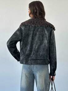 Firerie 女式新款黑色简约优雅日常时尚百搭翻领拉链 PU 皮革和人造毛皮拼接长袖机车夹克，女式宽松夹克秋冬女装