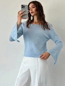 Firerie Pulover tricotat elegant pentru femei, casual, versatil, pentru utilizare zilnică, urbană, cu guler rotund, mâneci lungi evazate, manșete cu crăpături, potrivit pentru toamnă/iarnă, pentru profesoare, stil confortabil de toamnă