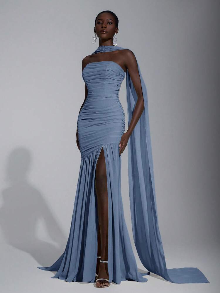 Elitara Vestido Elegante de Chiffon Amarelo Creme com Decote Halter (Lantejoulas Destacáveis), Busto Pregueado, Bainha de Tule Cauda de Sereia, Adequado para Encontros, Férias, Casamentos, Eventos de Damas de Honra - Azul Empoeirado - Visão 5