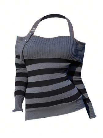 Grunge Punk Suéter de cuello alto a rayas negro y gris talla grande, suéter de manga larga con escote halter sexy y calado para mujer, blusas de talla grande para mujer en otoño/invierno