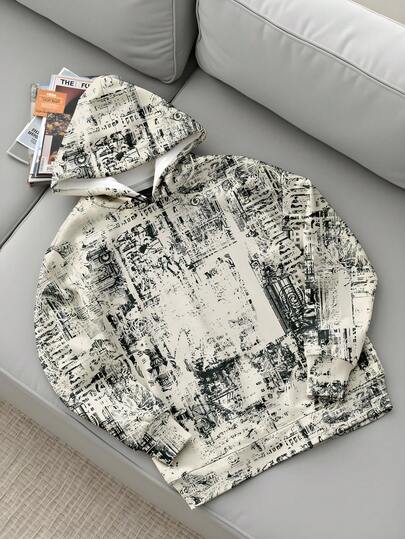 StoneGrade 复古报纸印花休闲宽松套头连帽衫，男士秋季款