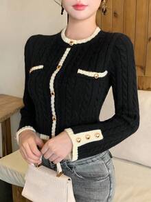 DAZY 女士优雅撞色饰边纽扣针织毛衣，秋季 - 黑色 - 查看 8