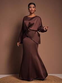 Veslaya Bộ trang phục nữ cỡ lớn Thu/Đông 2026, áo tay dài chéo phía trước thanh lịch và chân váy dài suông, phù hợp cho buổi hòa nhạc nhạc đồng quê, dự đám cưới, hẹn hò, các dịp trang trọng, tiệc tùng, kiểu dáng ôm sát gợi cảm, đi làm. - màu nâu - Xem 3