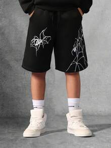 SUMWON 万圣节蜘蛛网印花抽绳羊毛短裤怪异秋季系列及膝长裤节日哥特式街头服饰 - 黑色 - 查看 1