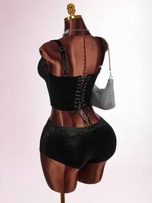 Amplova Damen sexy einfarbiges Camisole und super kurze Shorts 2 Stücke Set, Sommer - Schwarz - Übersicht 2