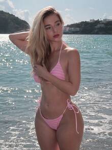 Turnttoni 女式拼色頸掛式比基尼套裝，適用於夏季沙灘，可拆式 - 粉色 - 查看 1