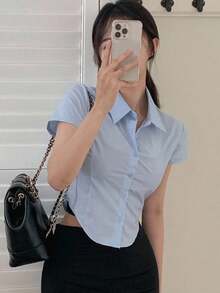 DAZY Damen Einfarbiges Hemd mit Umlegekragen, Taille, Kurzarm, Blau, Frühling/Sommer