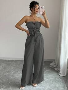 Elenzga 女士夏季休闲条纹荷叶边连体裤 - 彩色 - 查看 4