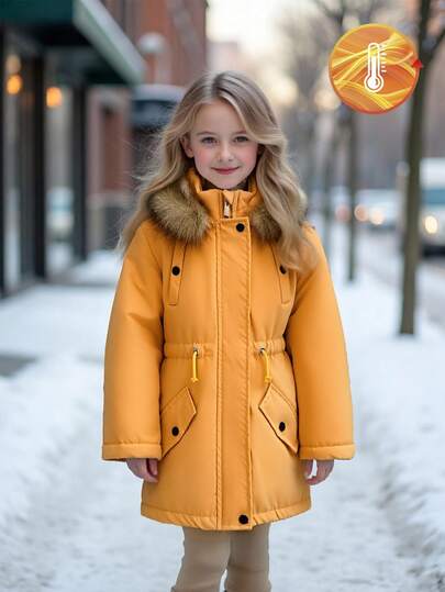 SHEIN Young Girls Winter Long Sleeve Hooded Fleece Thick Faux Fur Collar Jacket, Waist Cinched Snug Fit Contrast Button Casual Fashionable Parka Coat