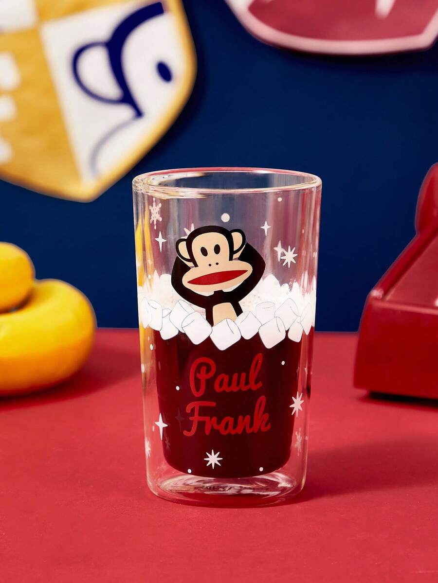 Paul Frank X SHEIN 1pc 11.8oz/350ml Cartoon Pattern Double-Layer Borosilicate Glass Cup, Heat-Resistant, Suitable For Milk, Juice, Coffee, Monkey, Fashion, - Clear - View 1
