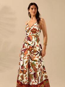 CAJUNI Women's Boho Leopard, Pineapple, Tropical Flora And Fauna Print, Sleeveless Black Long Jumpsuit, Holiday Casual Beach Summer Jumpsuit