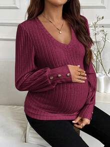 SHEIN Maternity Solid Color V-Neck Bubble Sleeve Ribbed Fitted T-Shirt Fall - Burgundy - View 6